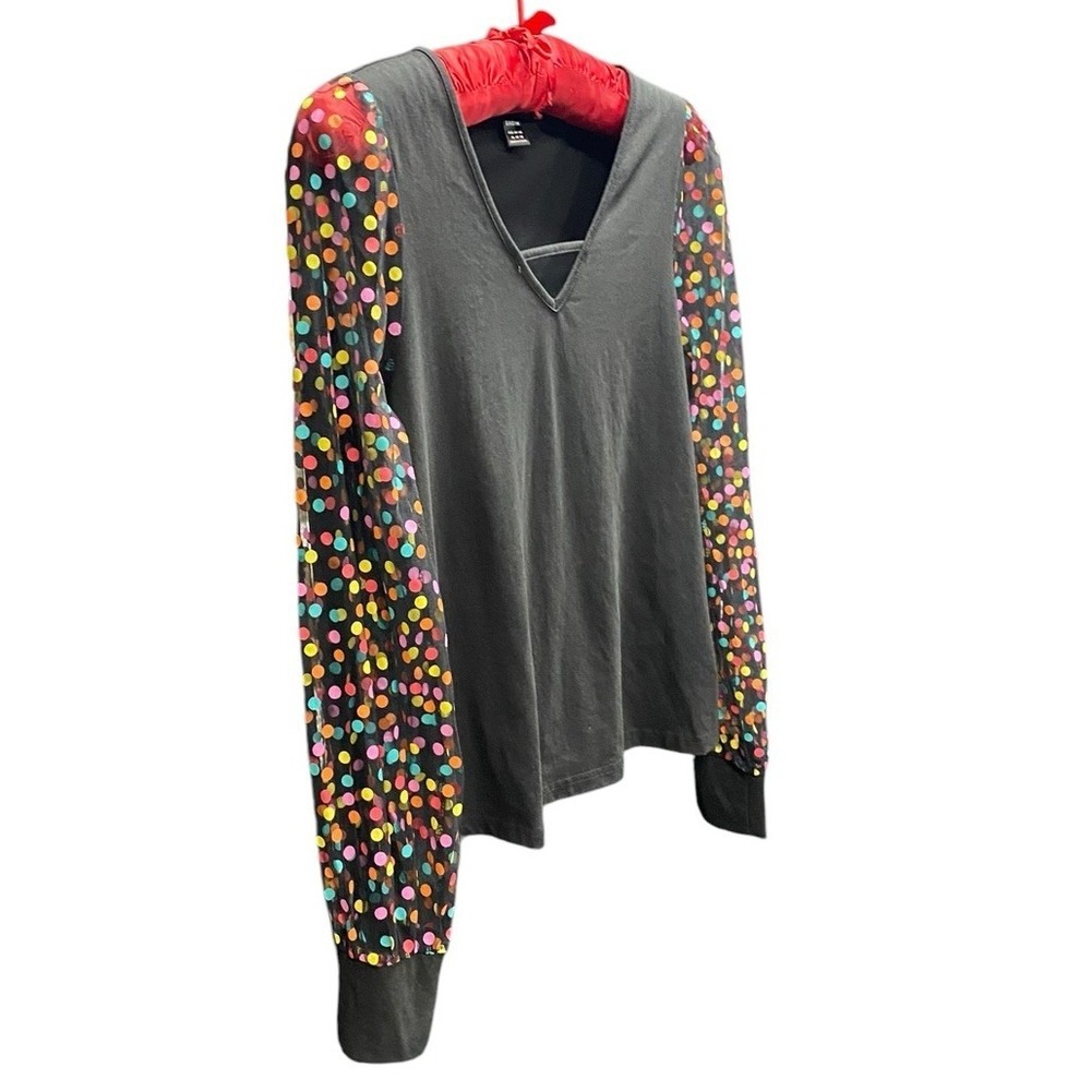 Shein Top Womens XL Black V Neck Colorful Polka Dot Sleeve Blouse - Picture 3 of 9